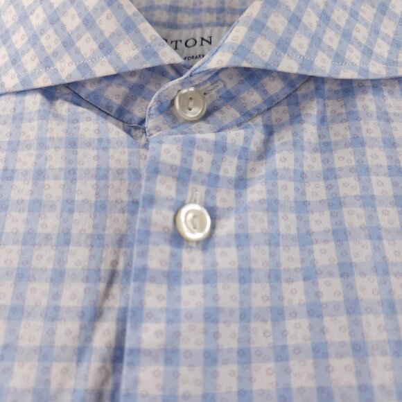 Eton 17.5 Poplin Contemporary Check Geometric Cotton Blue Convertible Cuff Men - Picture 11 of 16